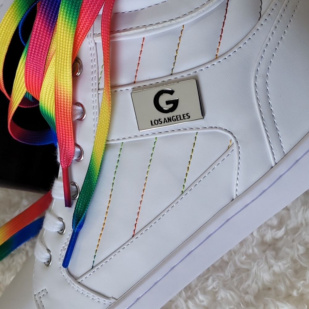 NEW High Top Sneakers Womens GBG Los Angeles White Faux Leather Xtra Rainbow Tie